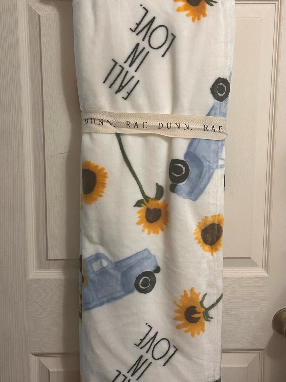 Rae Dunn Fall In Love Plush Throw Blanket 50 X 70 Sunflowers Blue Trucks Pattern